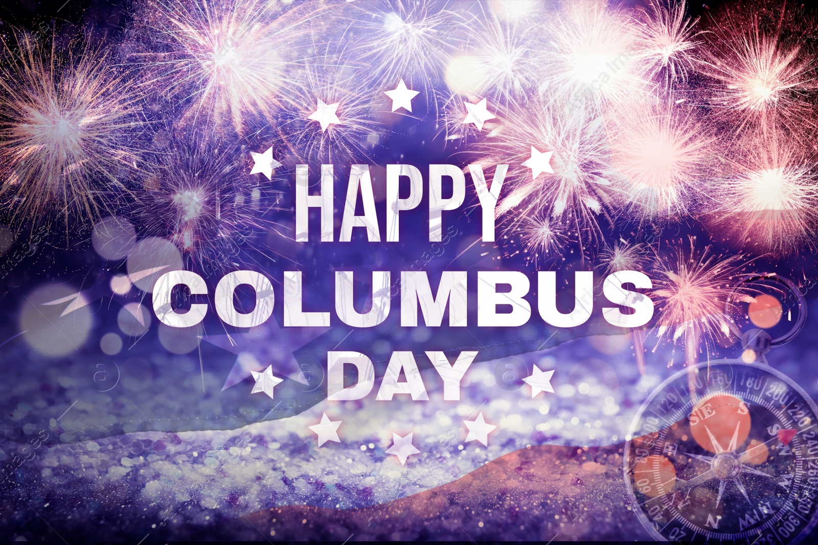 Image of Text Happy Columbus Day on festive background with fireworks and glitters