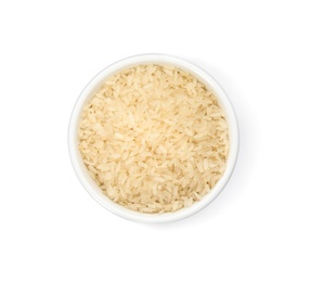 Photo of Bowl with uncooked rice on white background, top view