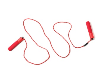 Photo of Jump rope on white background, top view