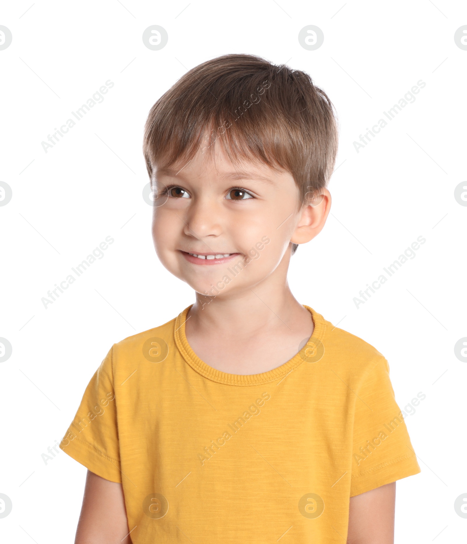 Photo of Portrait of cute little boy on white background