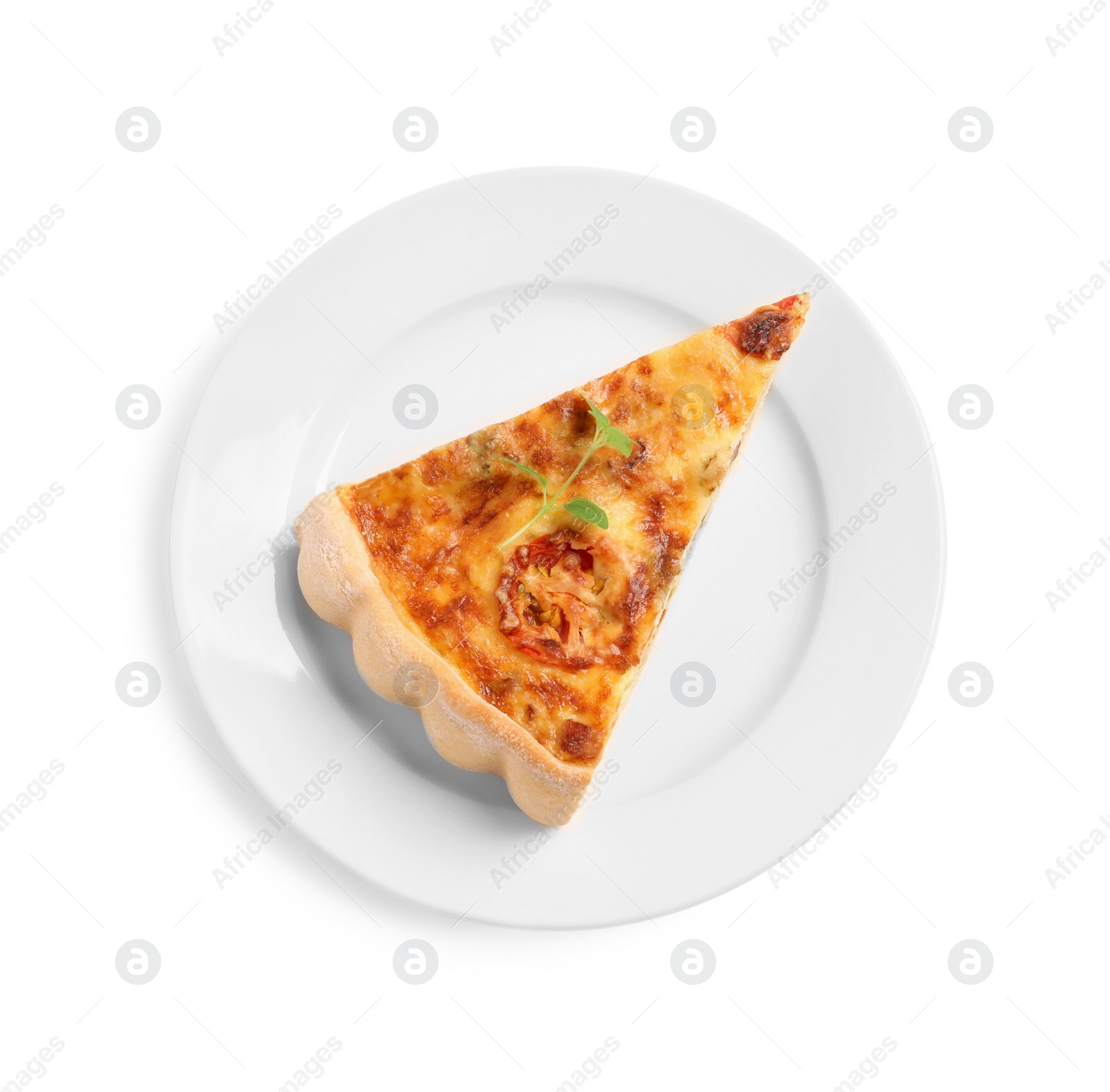 Photo of Piece of delicious homemade vegetable quiche isolated on white, top view