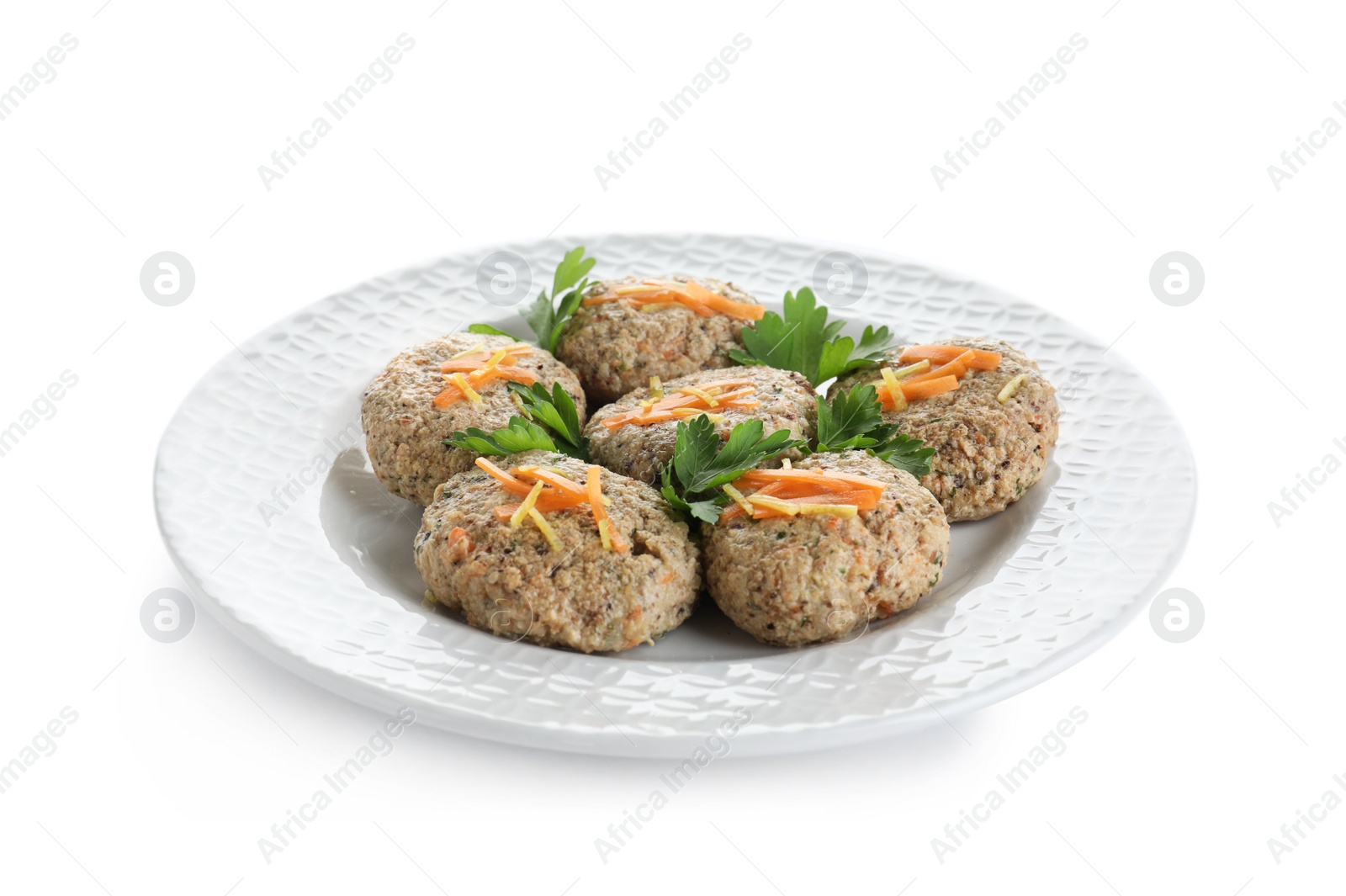 Photo of Plate of traditional Passover (Pesach) gefilte fish isolated on white