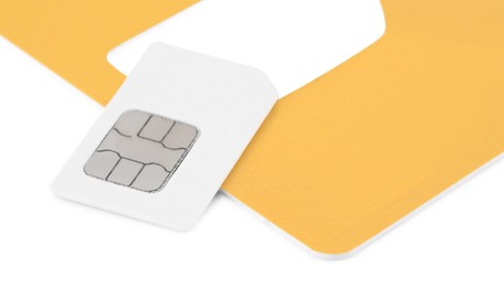 Modern SIM card isolated on white, closeup