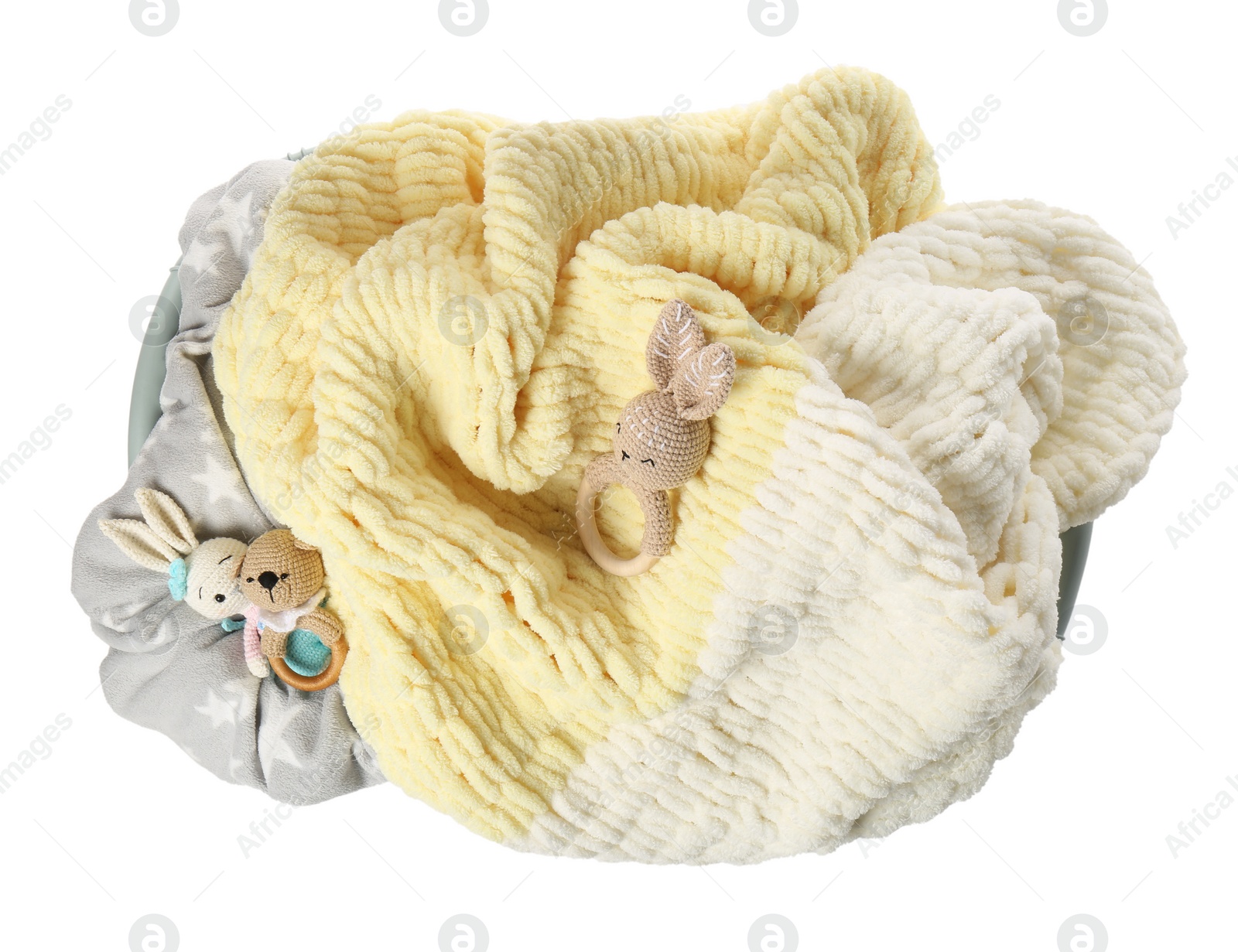 Photo of Laundry basket with baby clothes and toys isolated on white, top view