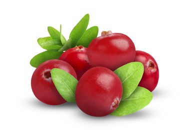 Image of Fresh ripe cranberries with leaves isolated on white