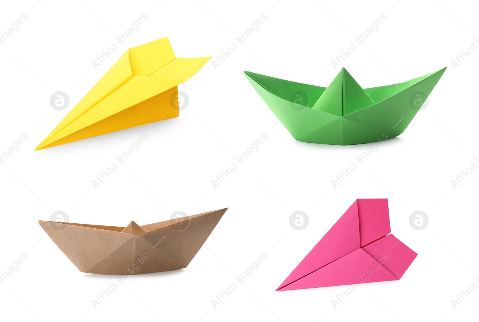 Image of Collage with many different paper planes and boats on white background. Origami art
