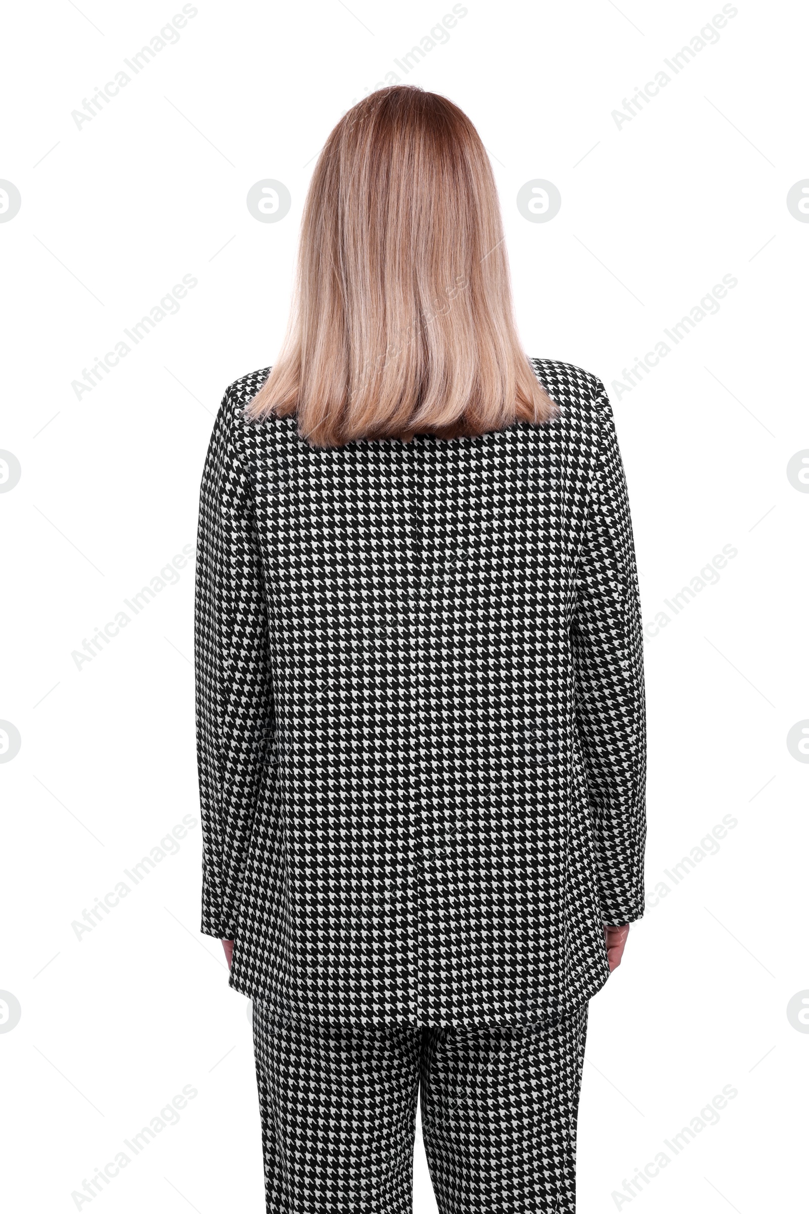 Photo of Businesswoman in suit on white background, back view