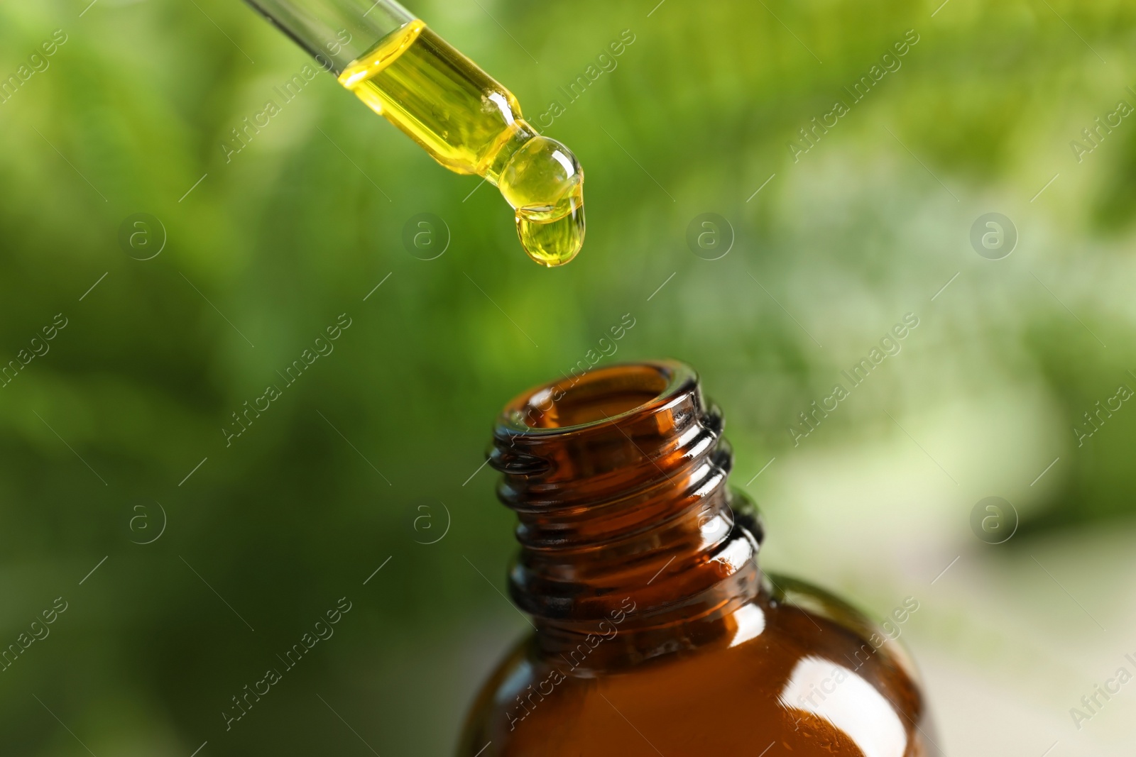 Photo of Pipette with oil over bottle on blurred background