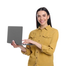 Happy woman with laptop on white background