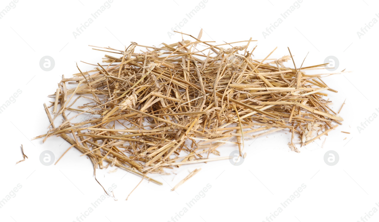 Photo of Dried straw isolated on white. Livestock feed