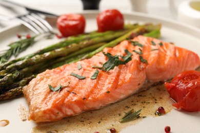 Tasty grilled salmon with tomatoes, asparagus and spices on table, closeup