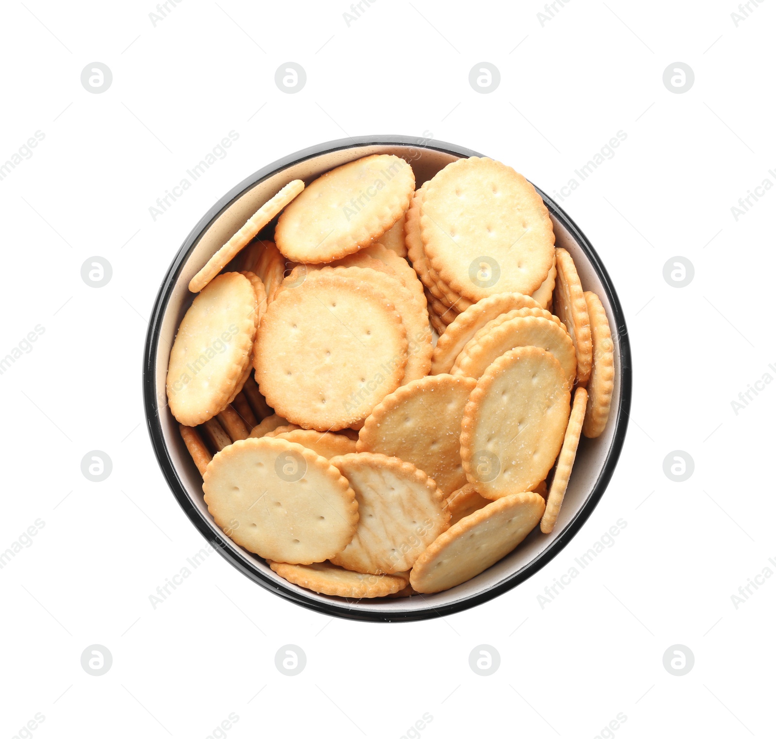 Photo of Delicious crackers in bowl isolated on white, top view
