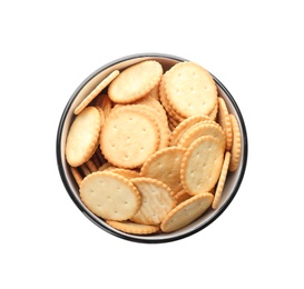 Delicious crackers in bowl isolated on white, top view