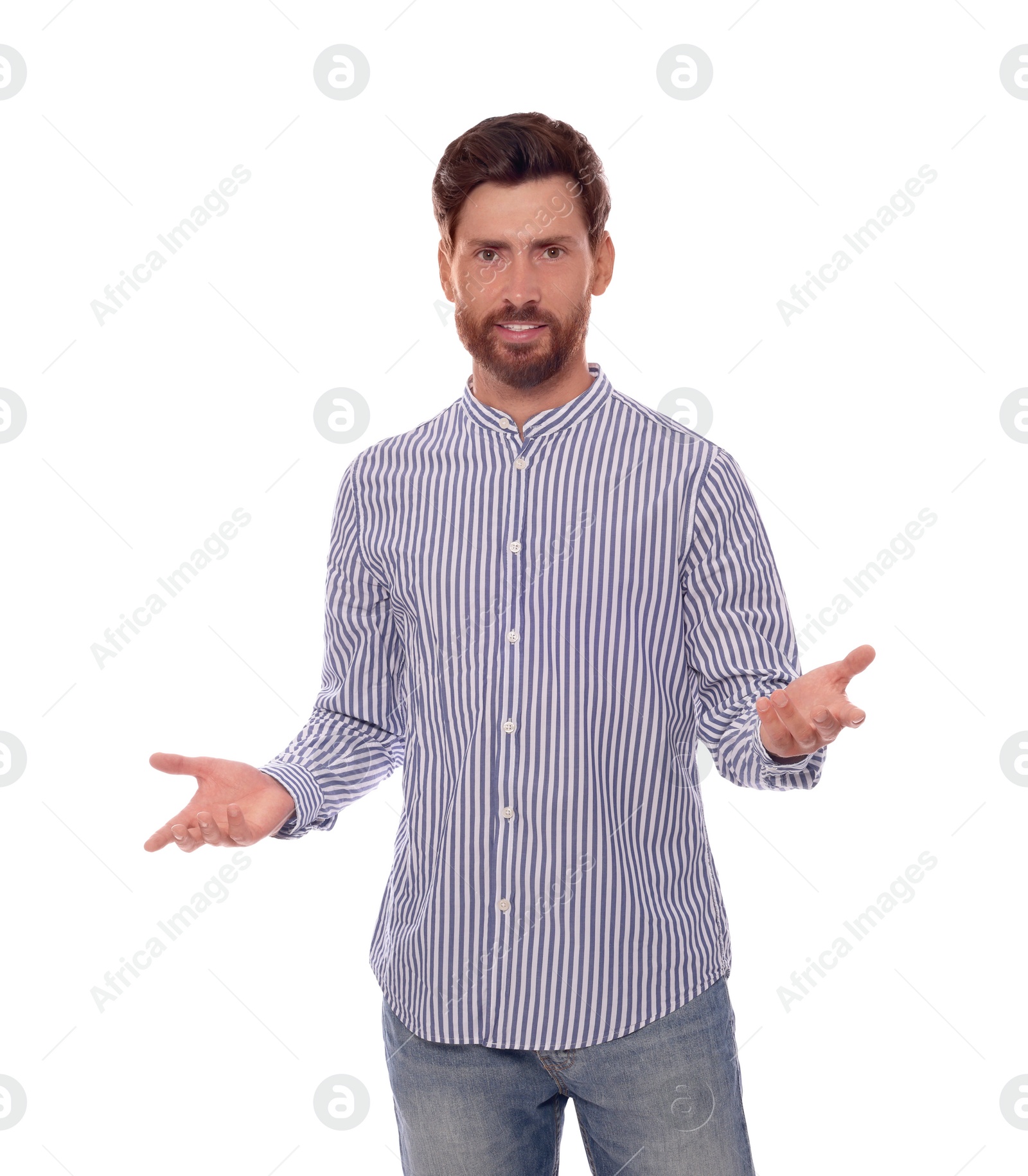 Photo of Handsome man gesturing on white background. Weather forecast reporter