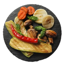 Different delicious grilled vegetables on white background, top view