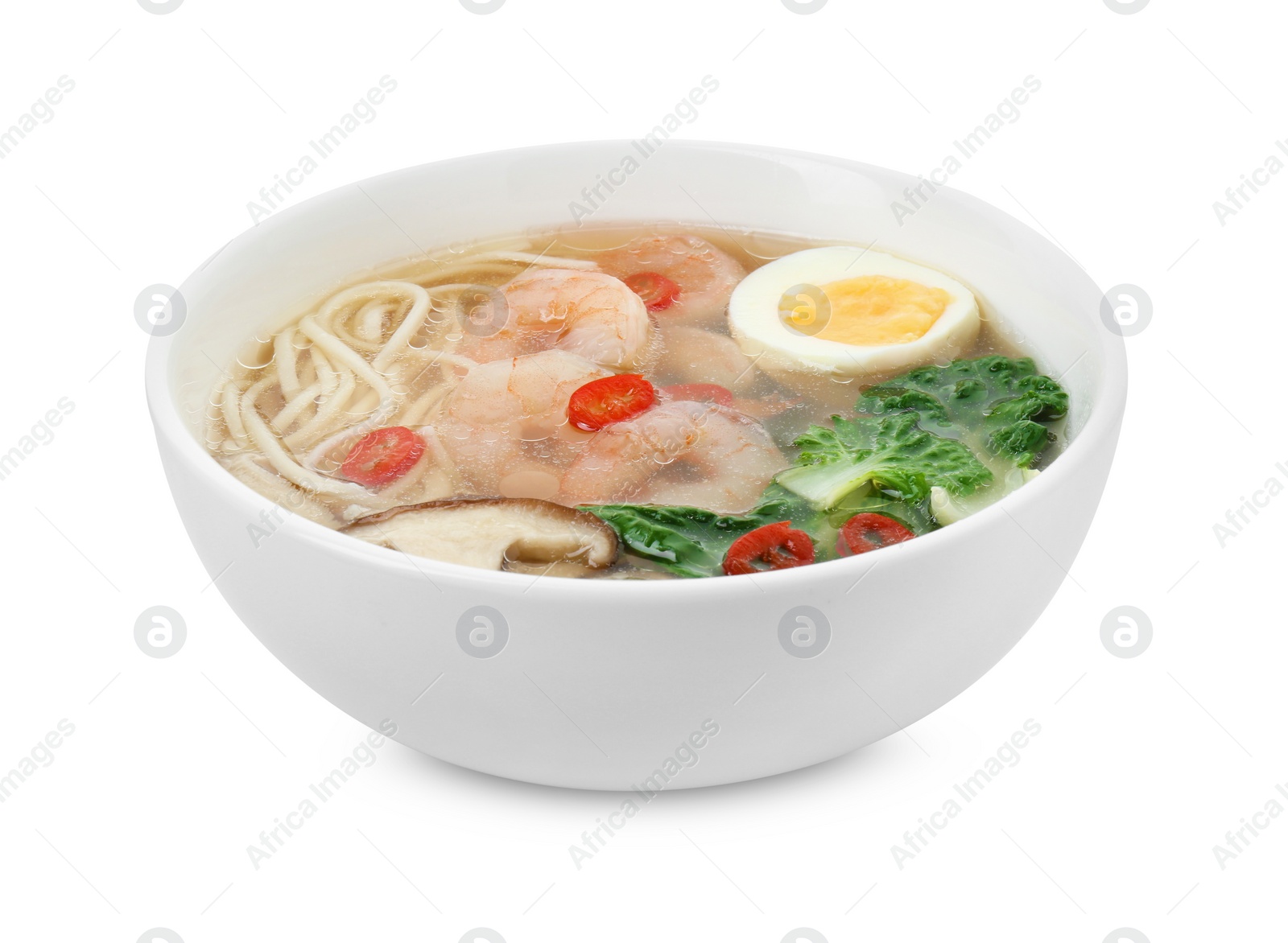 Photo of Tasty ramen with shrimps in bowl isolated on white