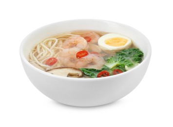 Tasty ramen with shrimps in bowl isolated on white