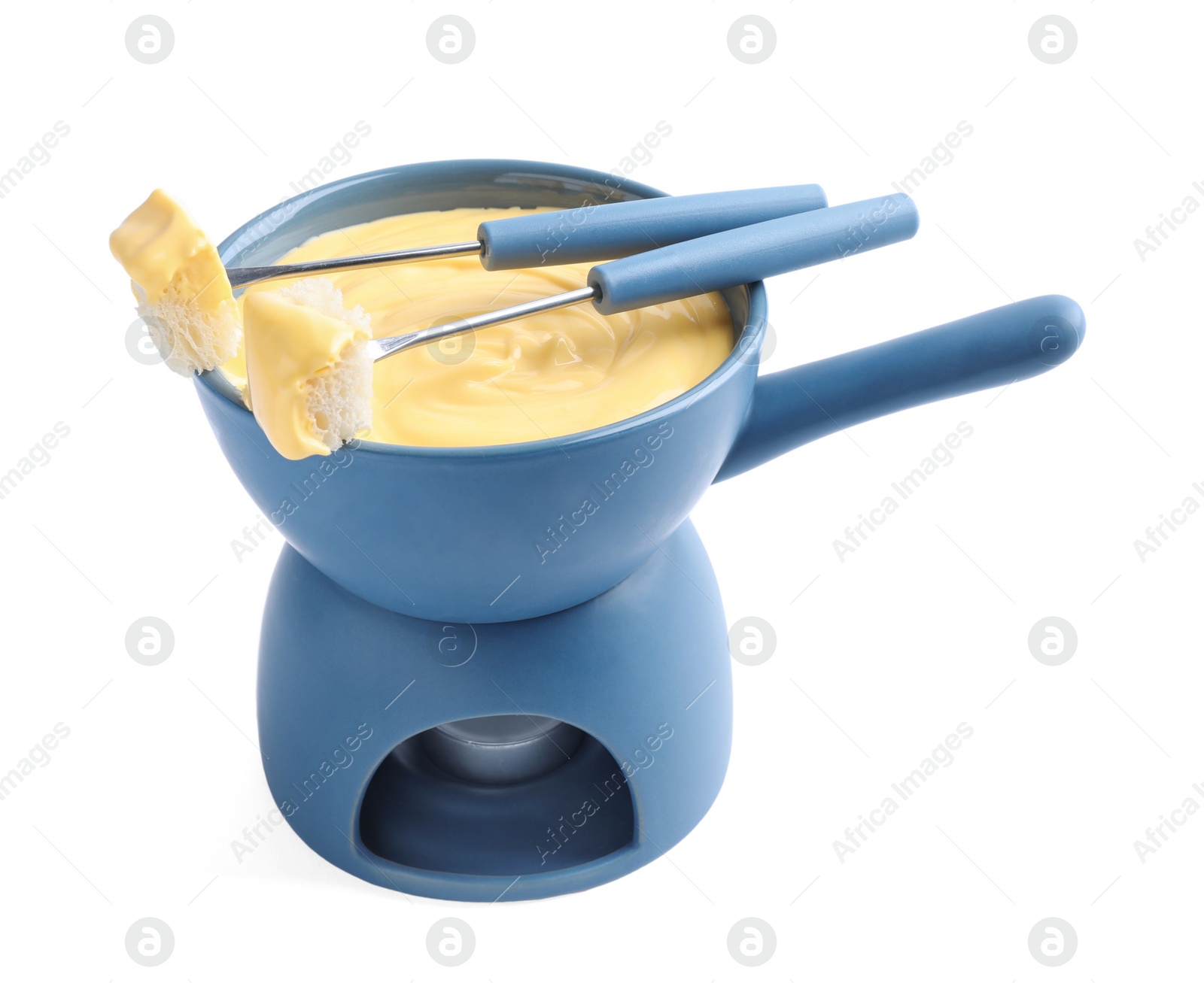 Photo of Pot of delicious cheese fondue and fork with bread on white background