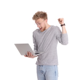 Emotional man with laptop on white background