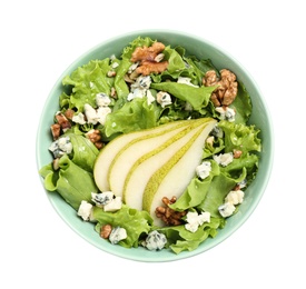 Tasty salad with pear slices, cheese and walnuts isolated on white, top view