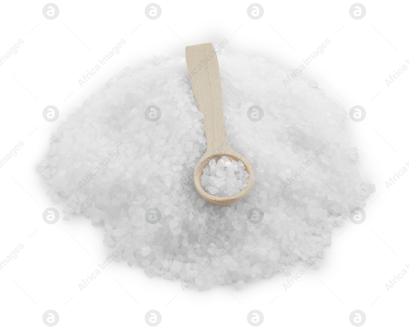 Photo of Heap of natural salt and wooden spoon isolated on white