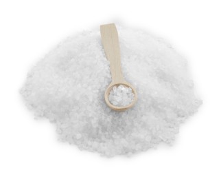 Photo of Heap of natural salt and wooden spoon isolated on white