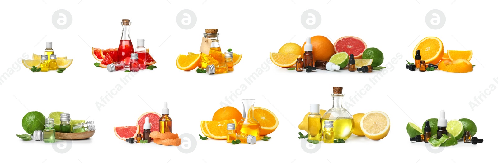 Image of Set with bottles of essential oils and fresh citruses on white background. Banner design