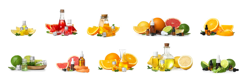 Image of Set with bottles of essential oils and fresh citruses on white background. Banner design