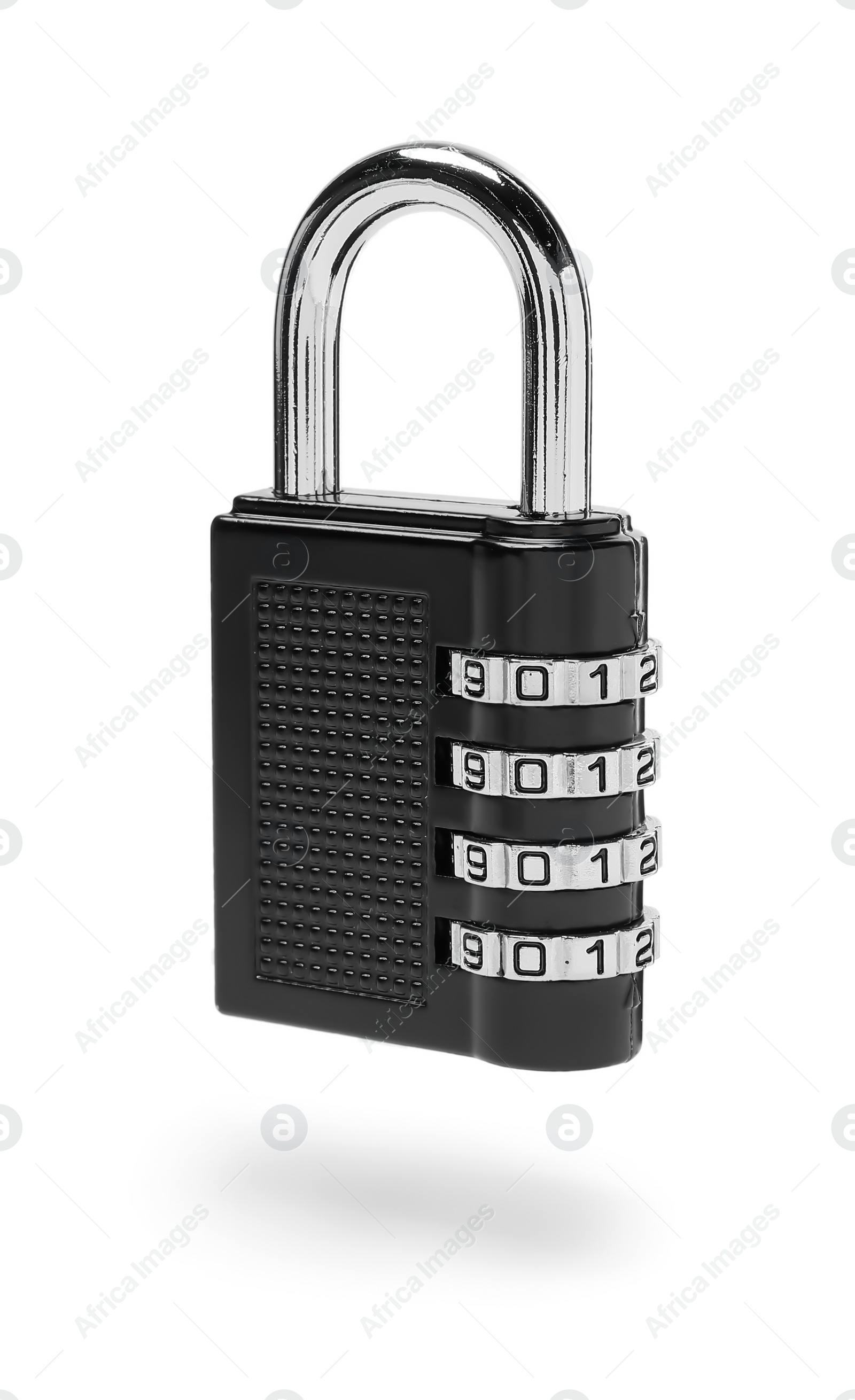 Photo of Locked steel combination padlock isolated on white