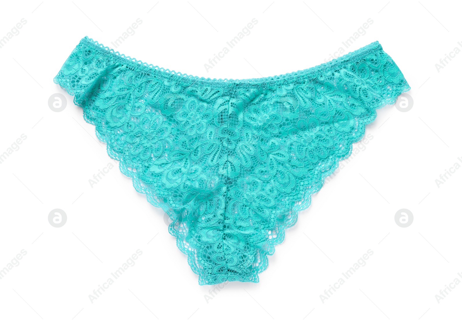 Photo of Elegant light blue women's underwear isolated on white, top view