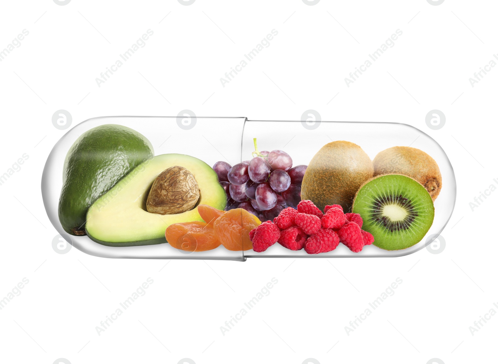 Image of Transparent capsule with different fruits and berries rich in vitamins on white background