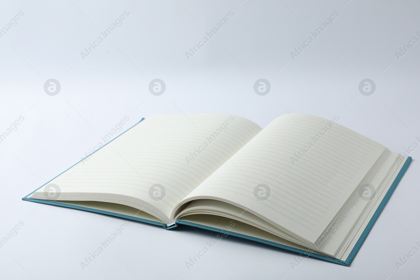 Photo of Stylish open notebook with blank sheets isolated on white