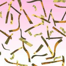 Shiny golden confetti falling on gradient pink background