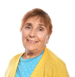 Portrait of elderly woman on white background