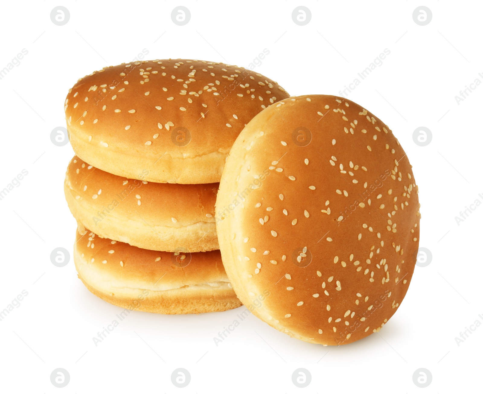 Photo of Many fresh hamburger buns isolated on white