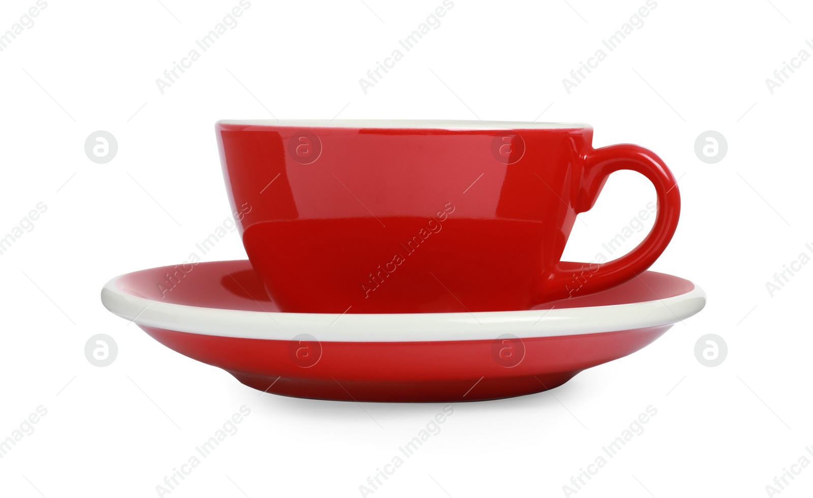 Photo of Red ceramic cup with saucer isolated on white