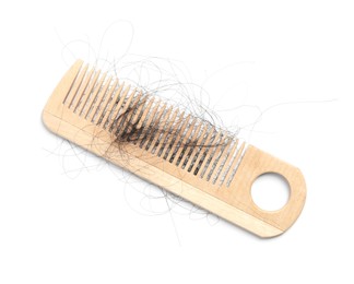 Wooden comb with lost hair on white background, top view
