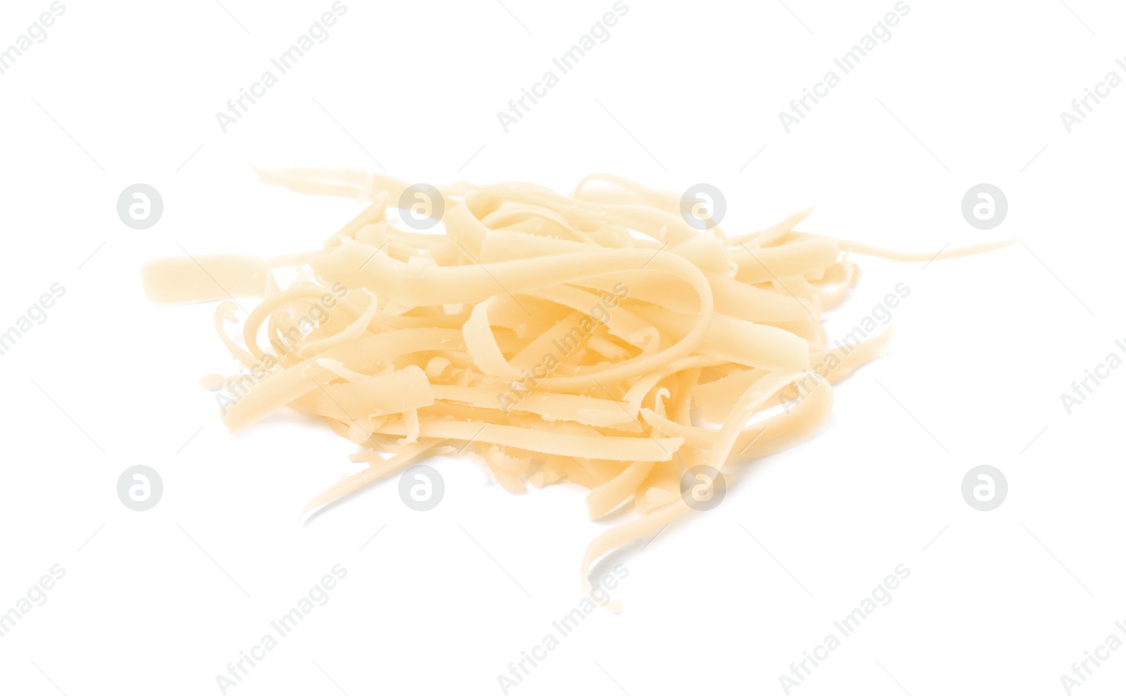 Photo of Pile of tasty grated cheese isolated on white