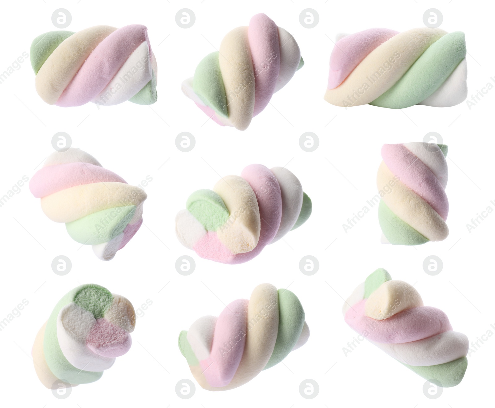 Image of Set with tasty colorful marshmallows on white background