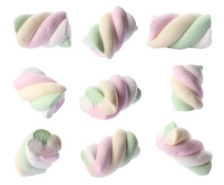 Set with tasty colorful marshmallows on white background