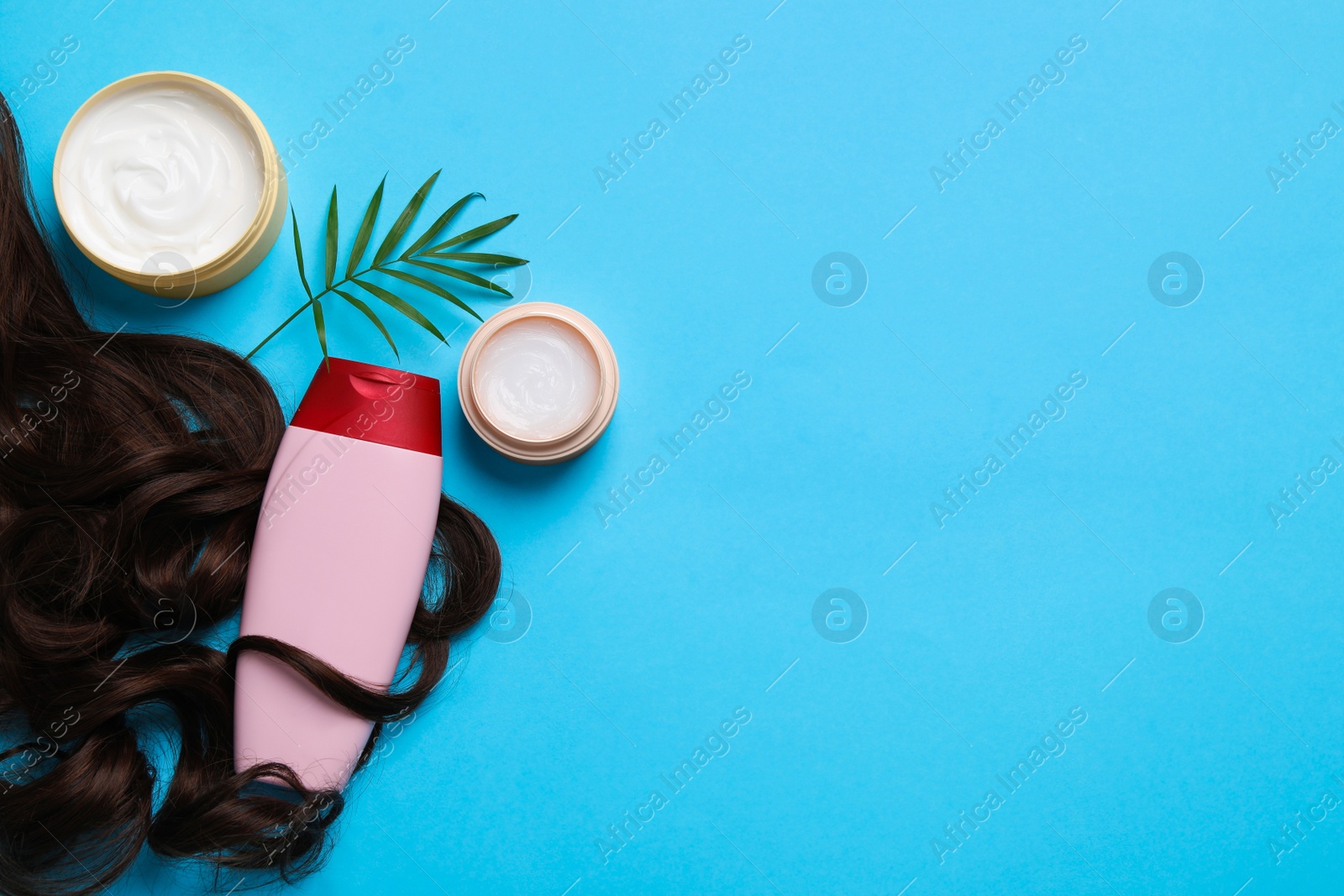Photo of Flat lay composition with lock of healthy brown hair on light blue background. Space for text