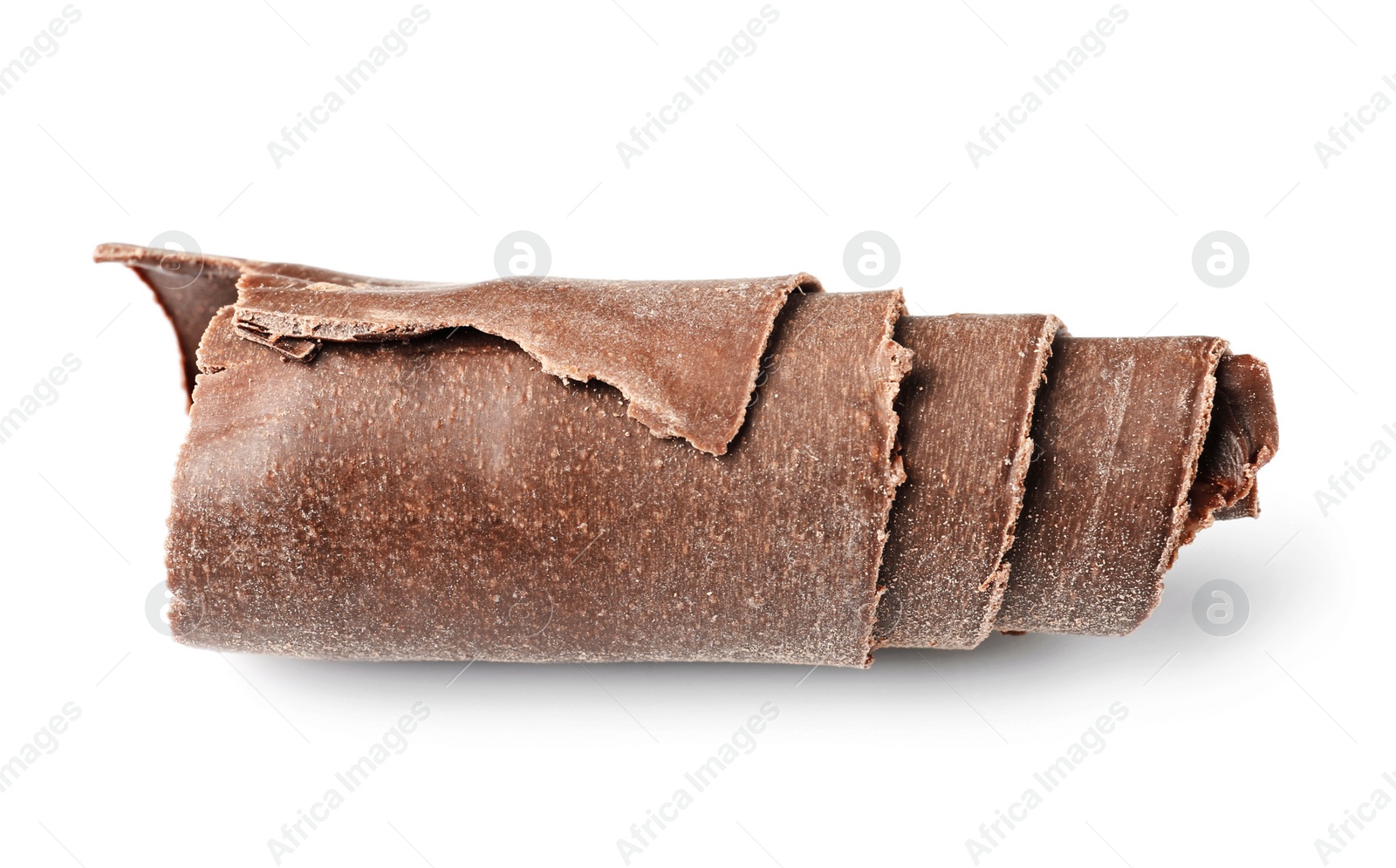 Photo of Curl of tasty chocolate on white background