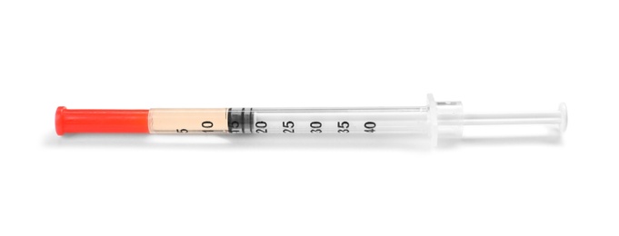 Photo of Syringe on white background. Medical treatment