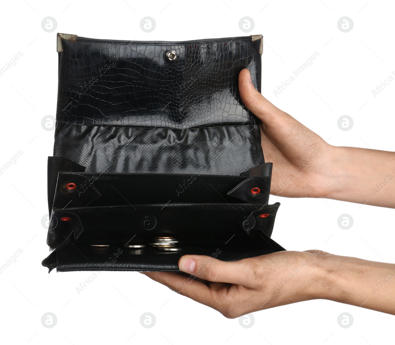 Photo of Poor woman showing her empty wallet on white background, closeup