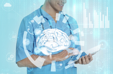 Image of Double exposure of doctor using tablet and artificial intelligence model. Machine learning concept