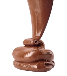 Photo of Pouring sweet chocolate cream on white background