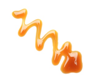 Photo of Delicious caramel sauce on white background
