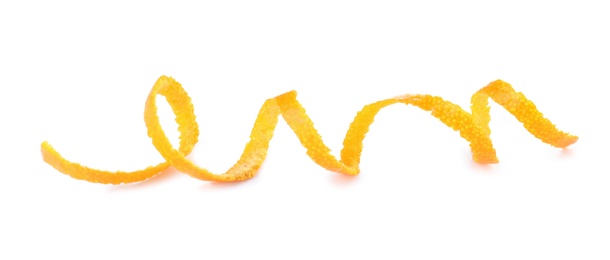 Photo of Fresh orange peel on white background. Healthy fruit