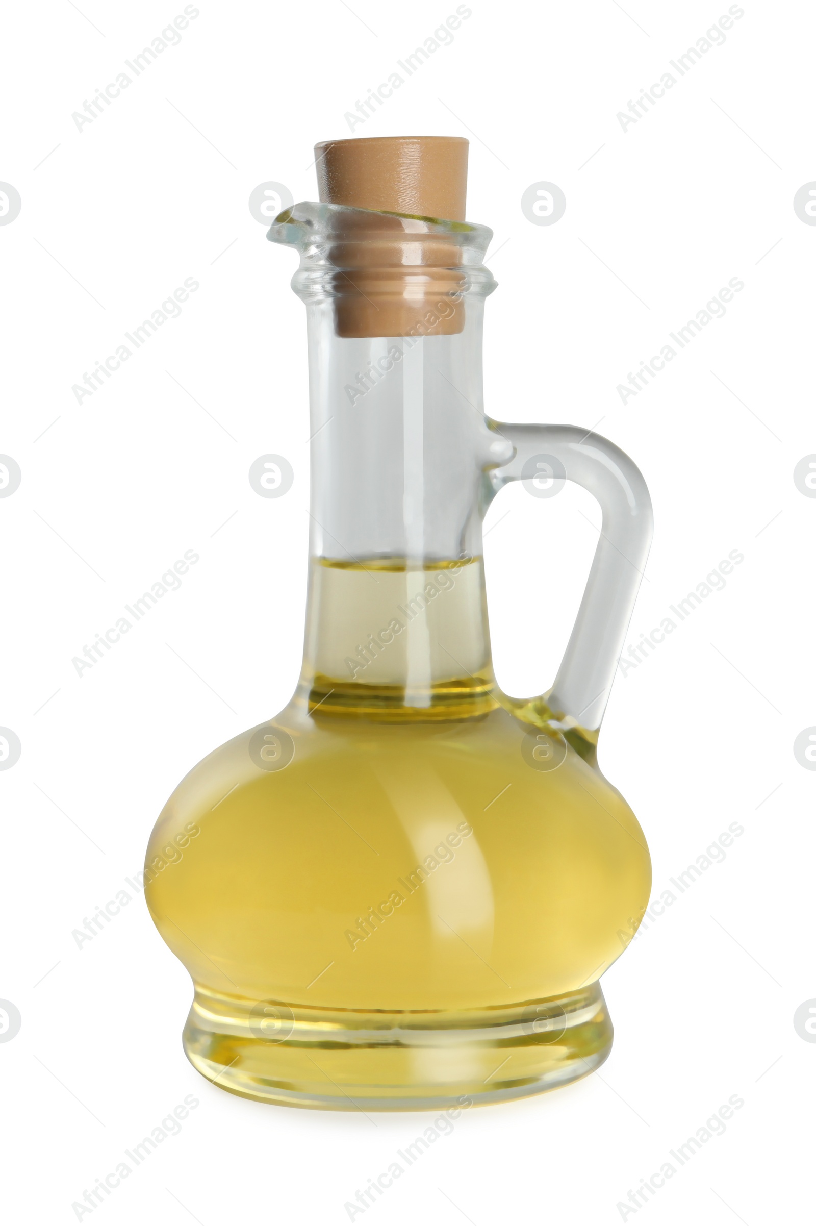 Photo of Glass jug of cooking oil isolated on white