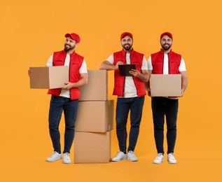 Delivery service. Happy courier with cardboard boxes on orange background, collage of photos